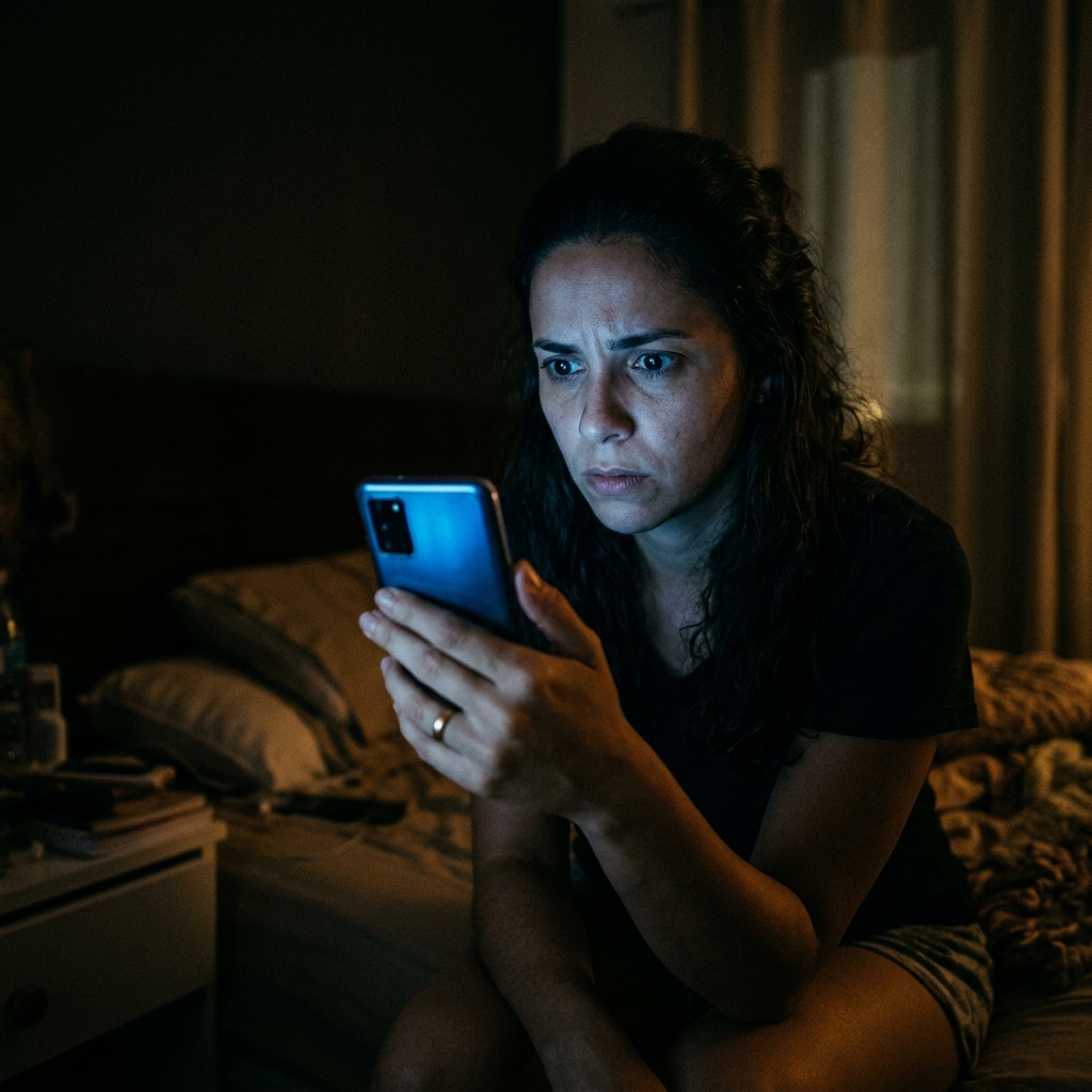 Mulher desconfiada olhando celular